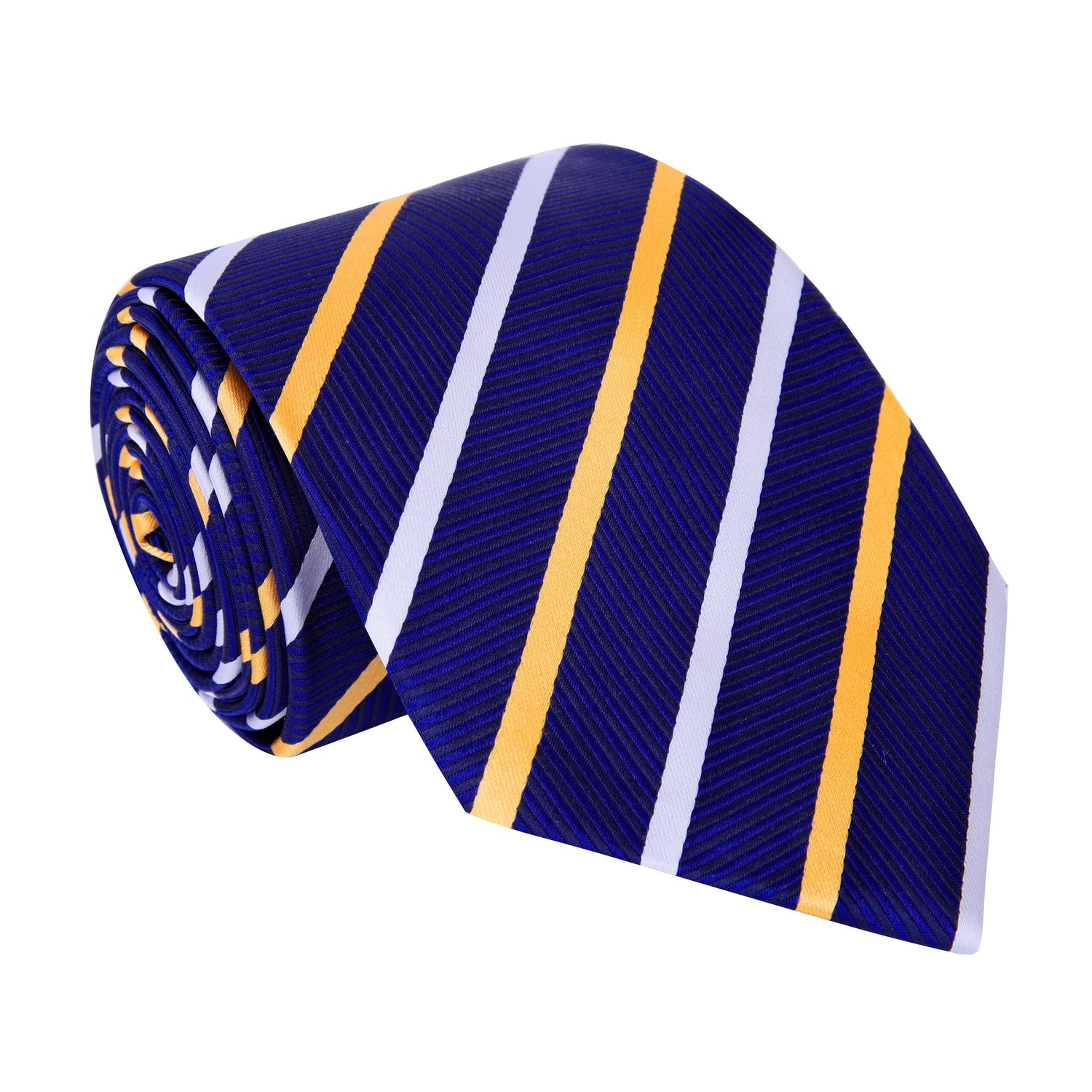 A Dark Blue, Gold, White Stripe Pattern Silk Necktie 