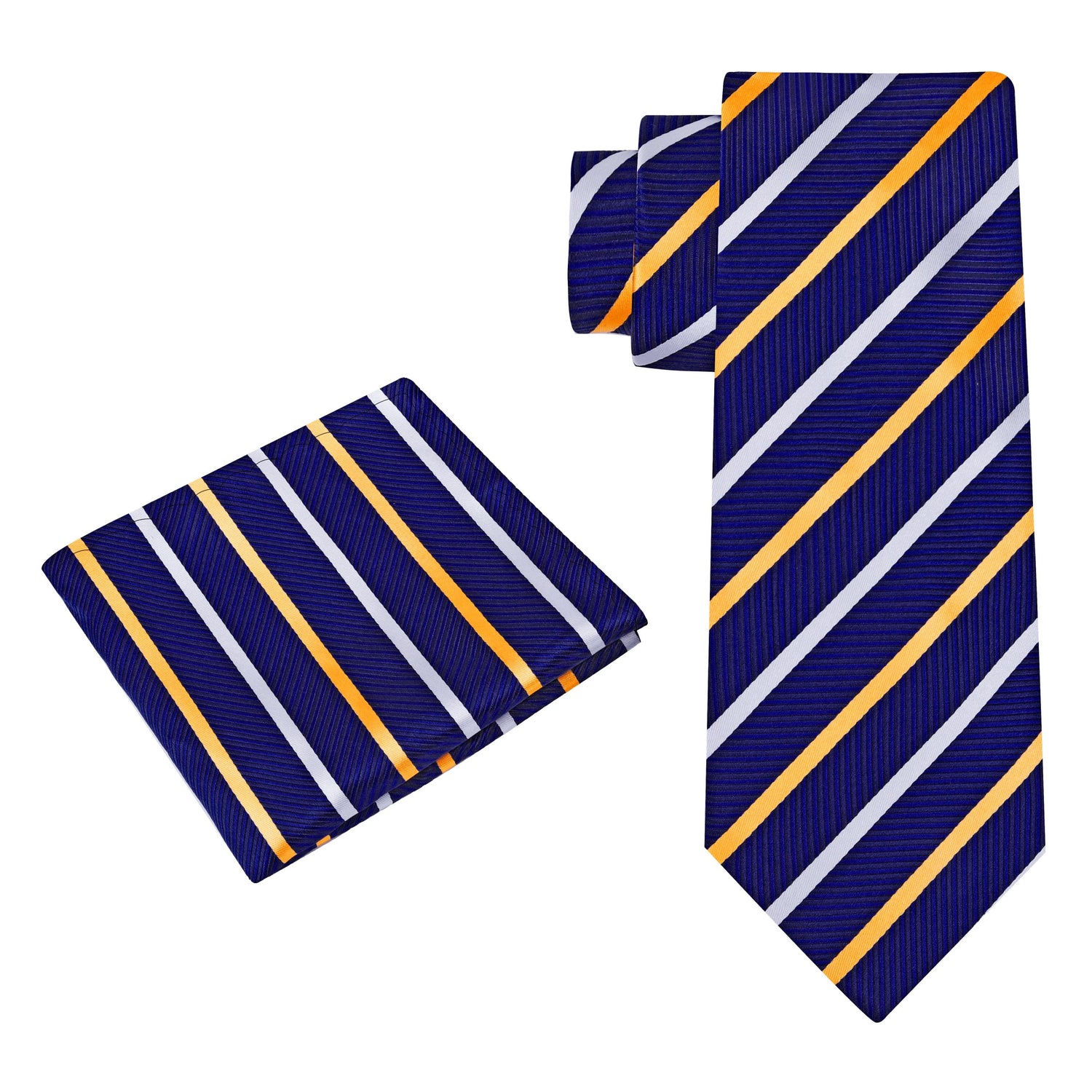 Alt View: A Dark Blue, Gold, White Stripe Pattern Silk Necktie, Matching Pocket Square