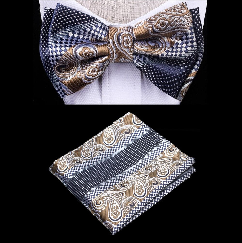 Kids Blue Brown Check Bow Tie and Pocket Square