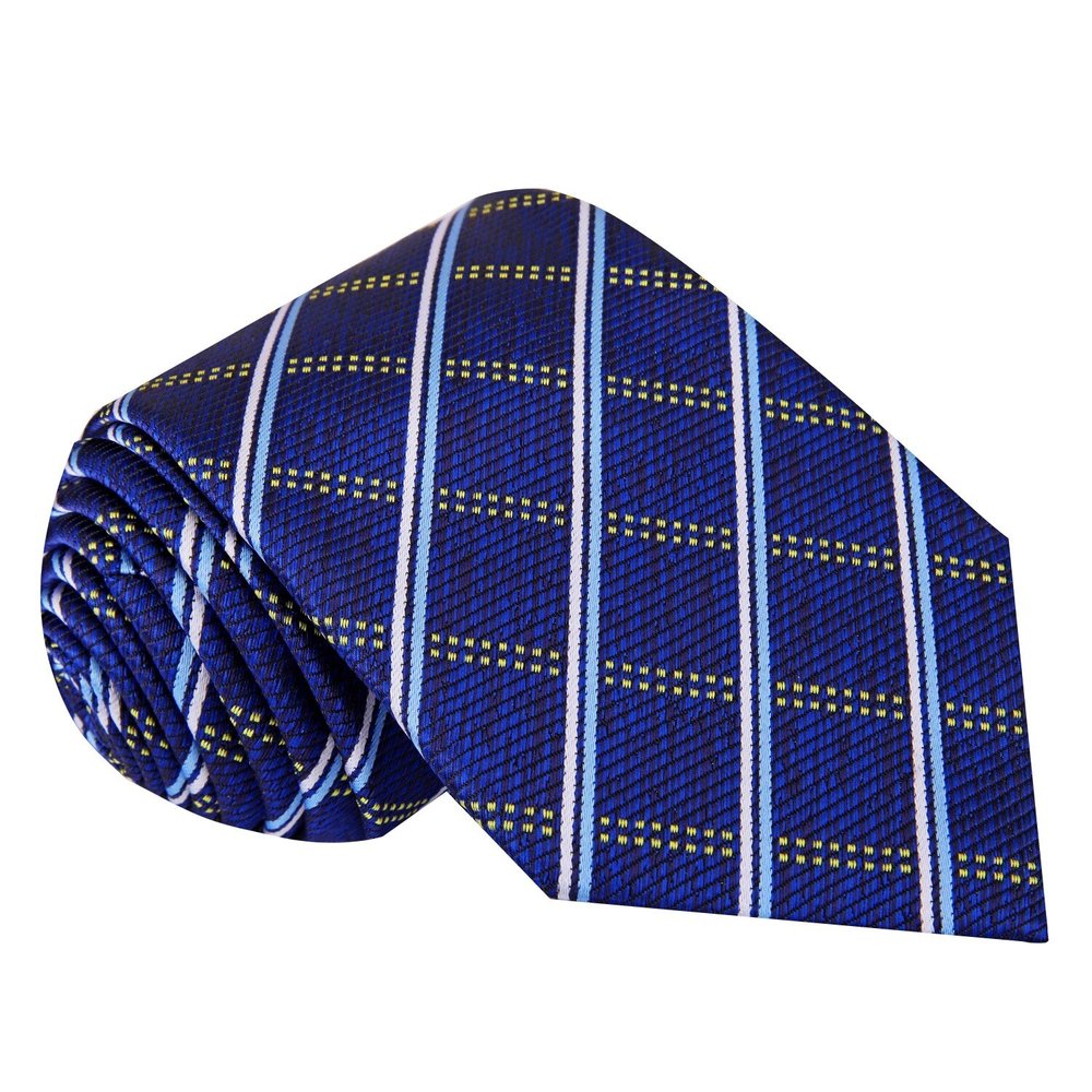 A Dark Blue With Light Blue And Yellow Plaid Pattern Silk Necktie 
