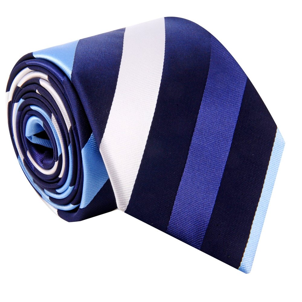Blue, Dark Blue, White Stripe Tie  