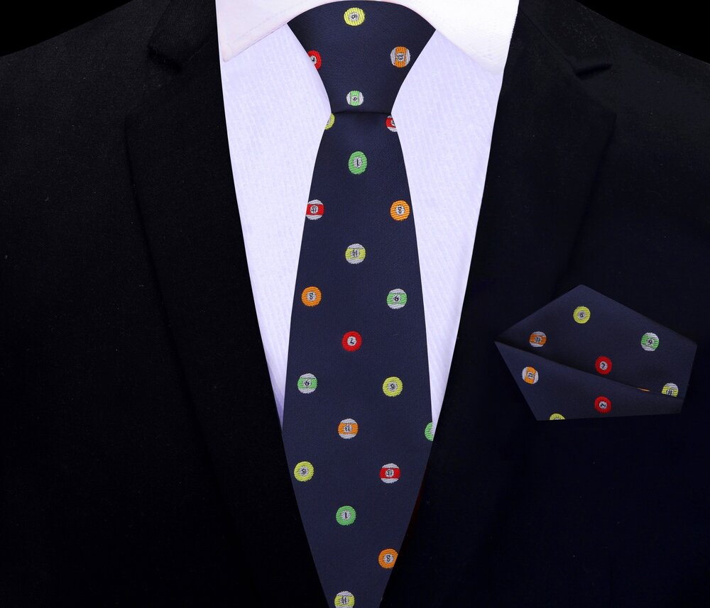 Thin Tie View: Blue with Multiple Colored Billiard Balls Tie and Square