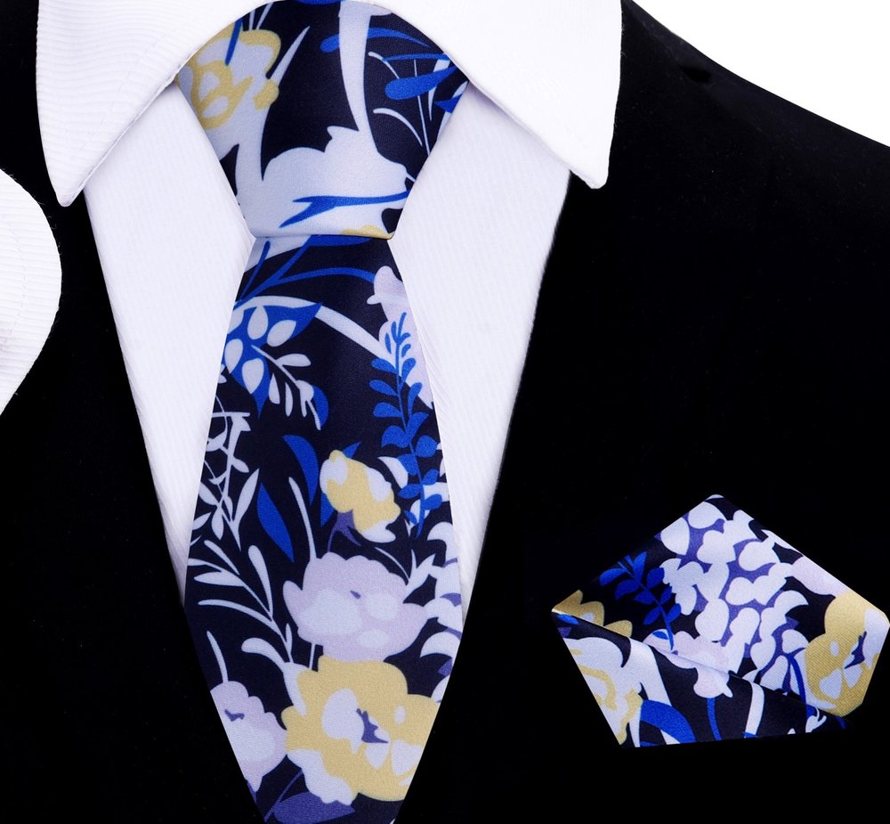 Thin Tie  A Black, White, Blue, Color Abstract Floral Pattern Silk Thin Tie, Matching Pocket Square