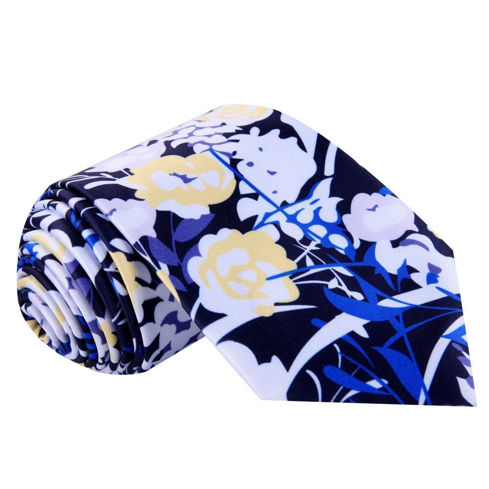 Thin Tie  A Black, White, Blue, Color Abstract Floral Pattern Silk Thin Tie 