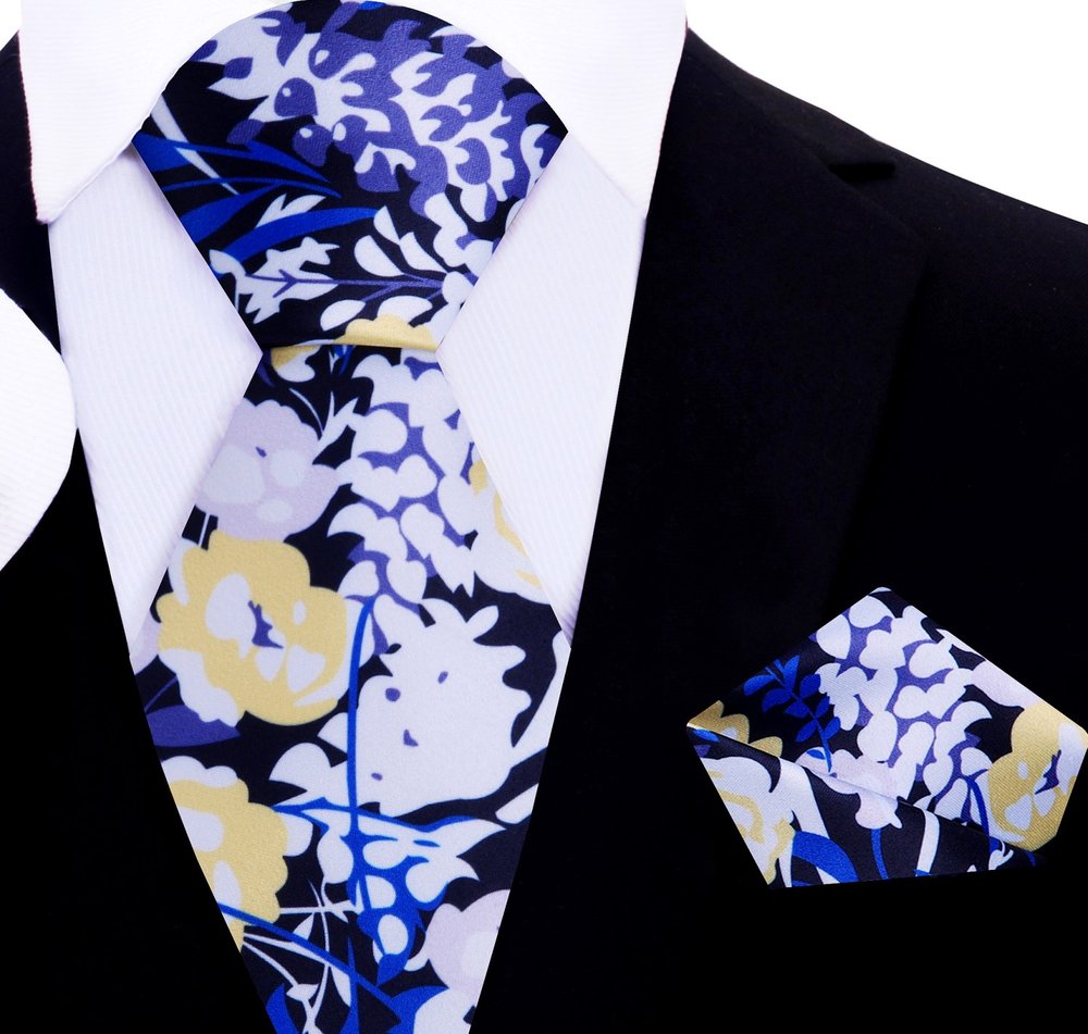 Thin Tie  A Black, White, Blue, Color Abstract Floral Pattern Silk Thin Tie, Matching Pocket Square