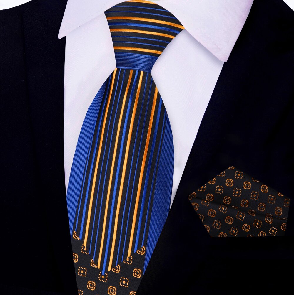  Black, Blue, Deep Gold Lines with Flowers Tie and Pocket Square||Gold, Blue
