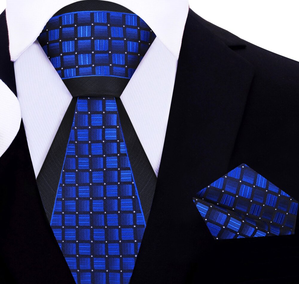 A Blue and Black Checker Pattern Silk Necktie With Matching Pocket Square||Blue, Black