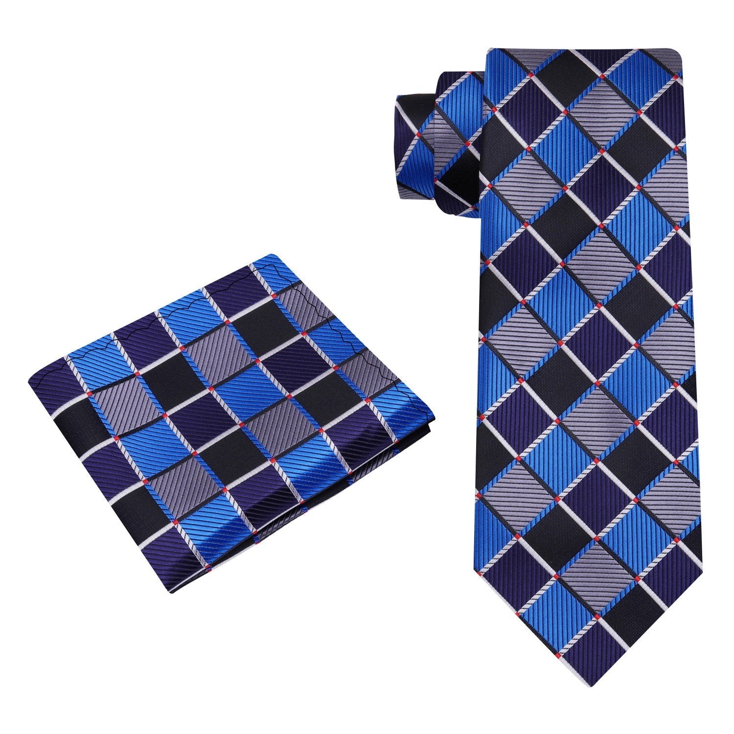 Alt View: A Grey, Black, Blue Geometric Check Pattern Necktie With Matching Pocket Square