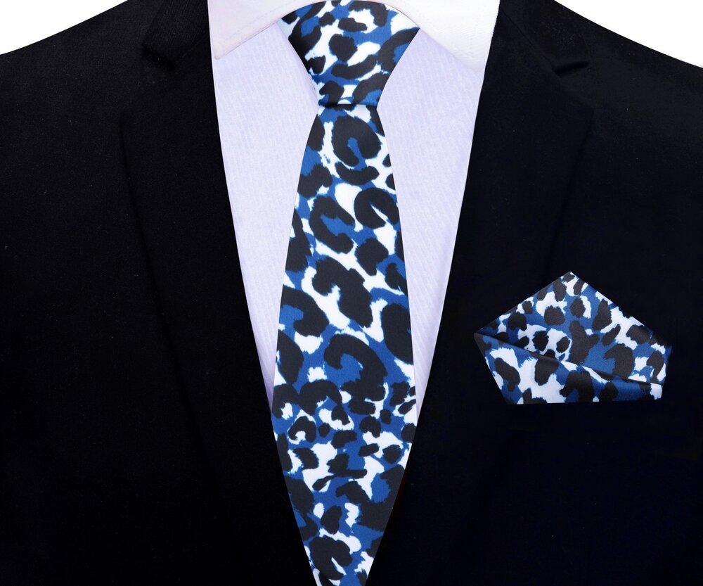 White Blue Black Cheetah Thin Tie and Pocket Square||White
