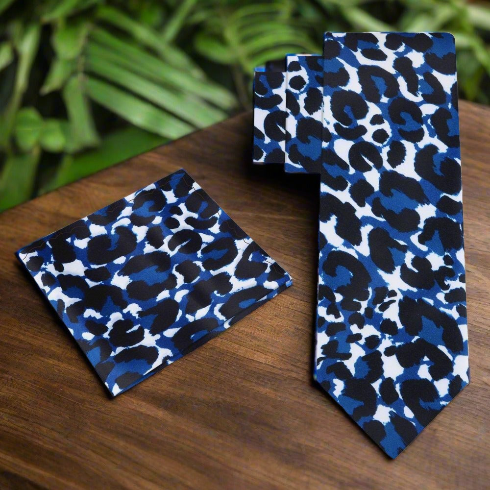 Alt View: White Blue Black Cheetah Tie and Pocket Square