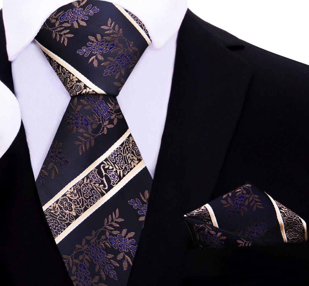 Black, Blue, Brown Floral Tie and Square