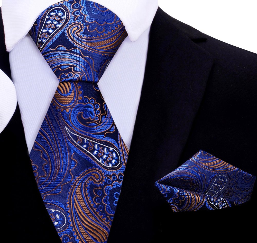 Blue, Golden Brown, Black Paisley Tie and Square||Blue, Golden Brown, Black
