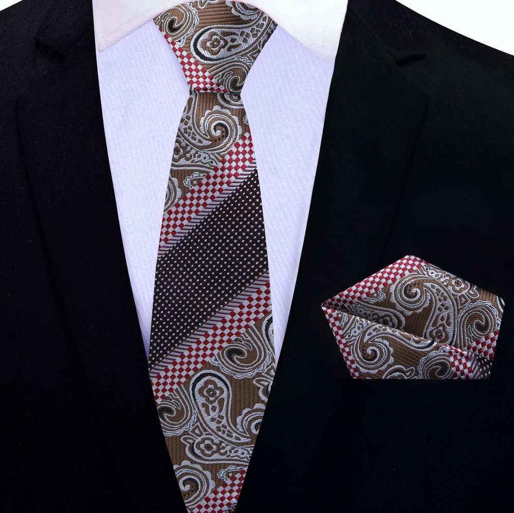 Thin Tie: Brown, Red Paisley and Check Tie and Pocket Square||Blue