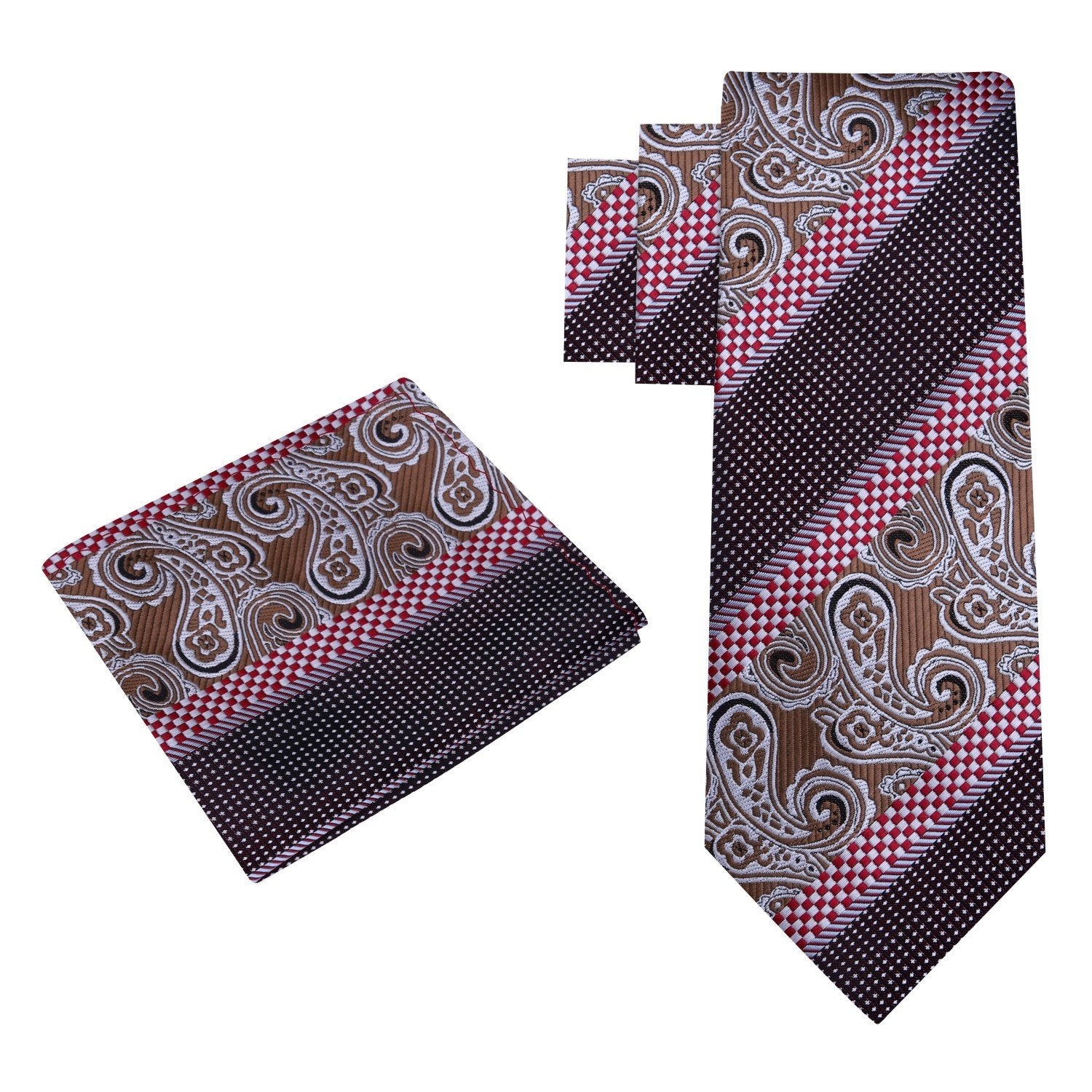 Alt View: Brown, Red Paisley and Check Tie and Pocket Square