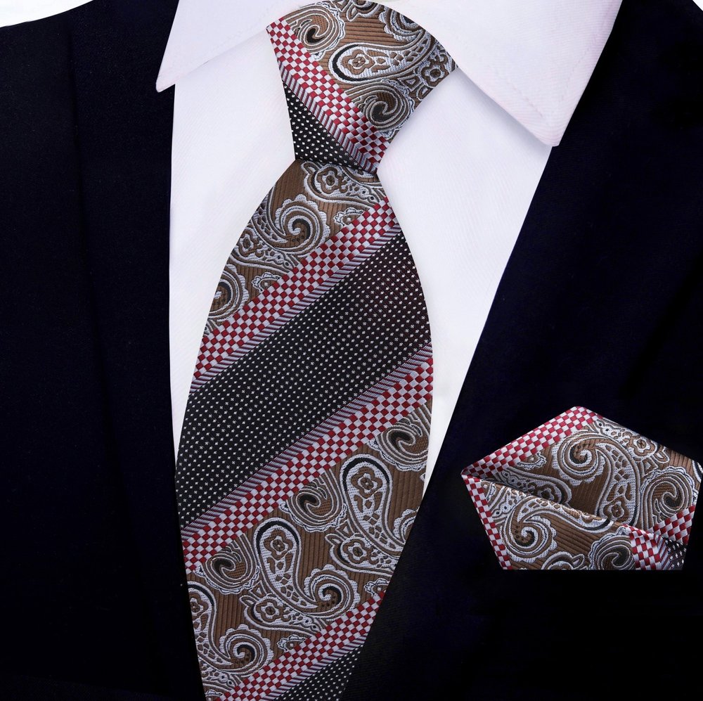 Brown, Red Paisley and Check Tie and Pocket Square||Blue