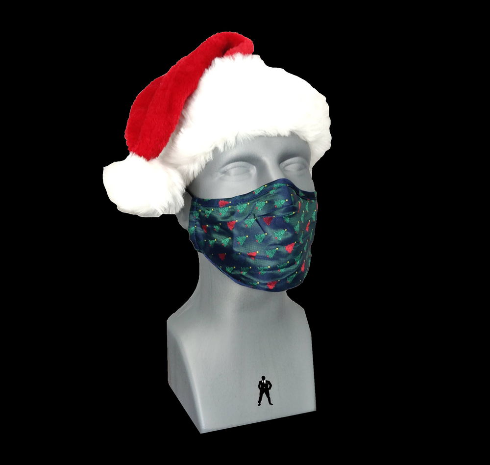 Red, Blue, Green Christmas Trees Face Mask on mannequin black background