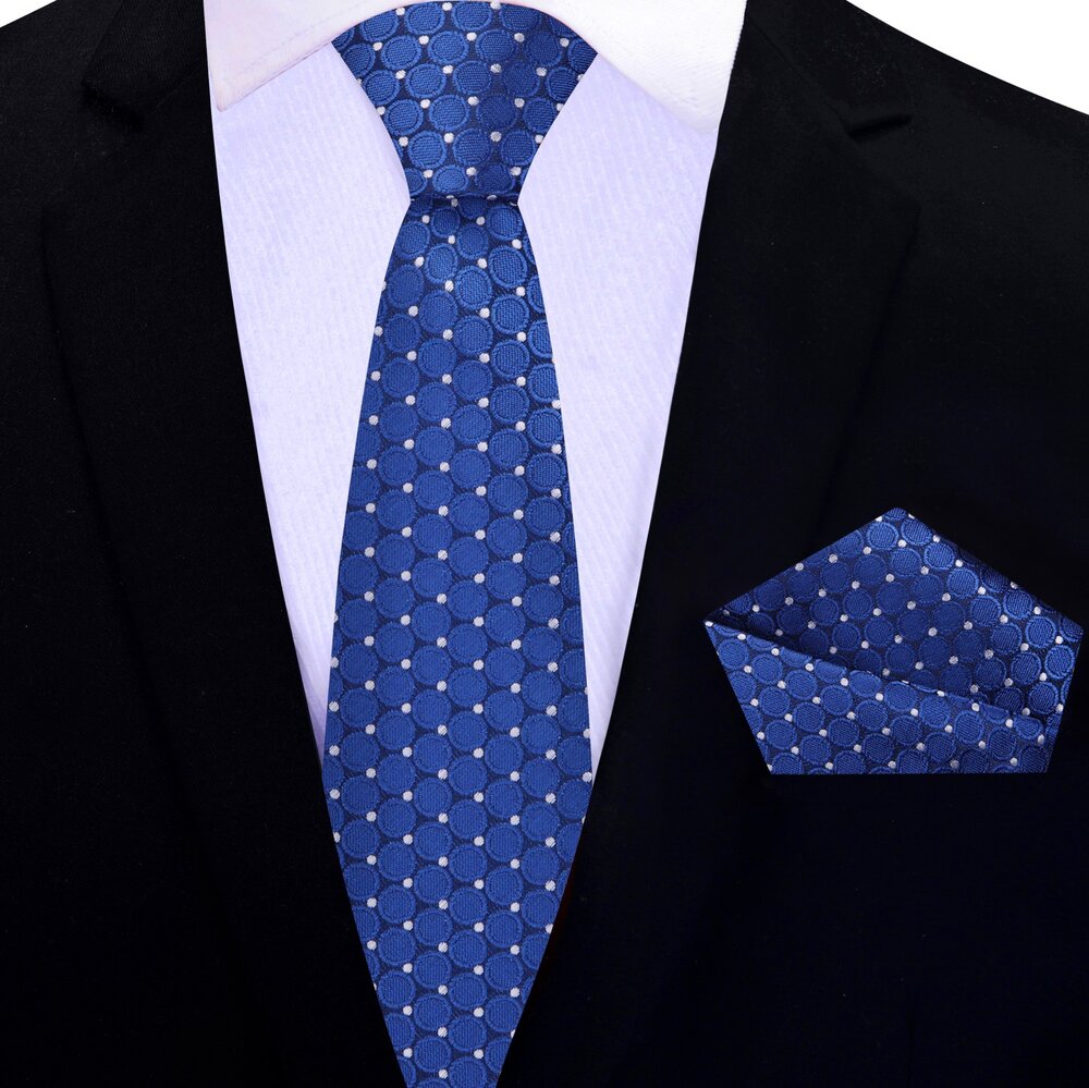 Thin Tie View: Blue, White Circles Tie and Pocket Square||Blue