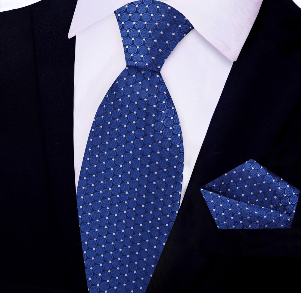 Blue, White Circles Tie and Pocket Square||Blue