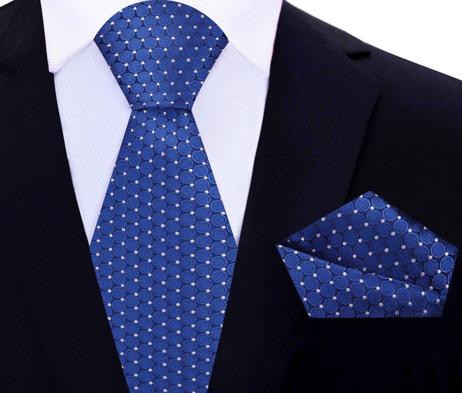 Main: Blue, White Circles Tie and Pocket Square
