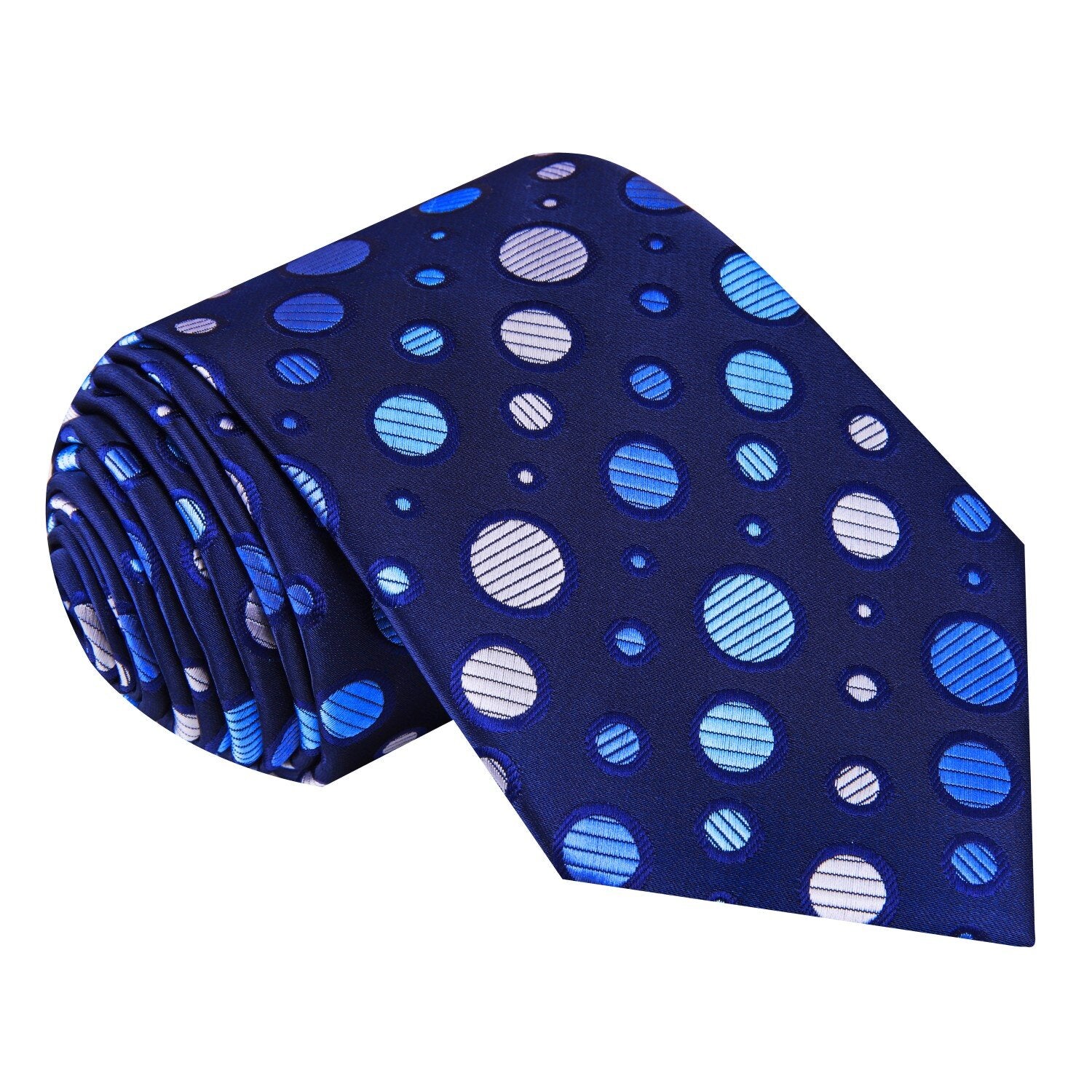 A Dark Blue, Blue, White Polka Dot Pattern Silk Necktie 