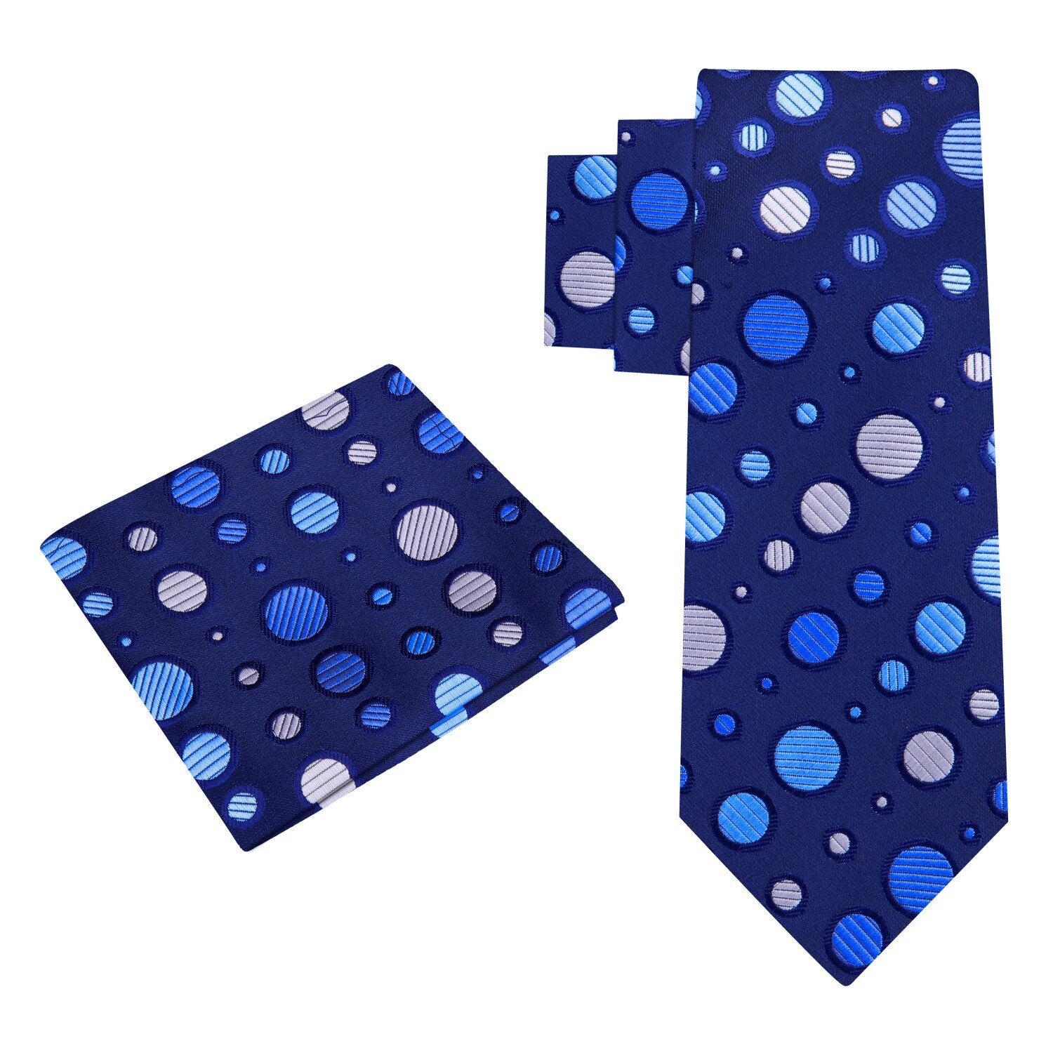 Alt view: A Dark Blue, Blue, White Polka Dot Pattern Silk Necktie, Matching Pocket Square