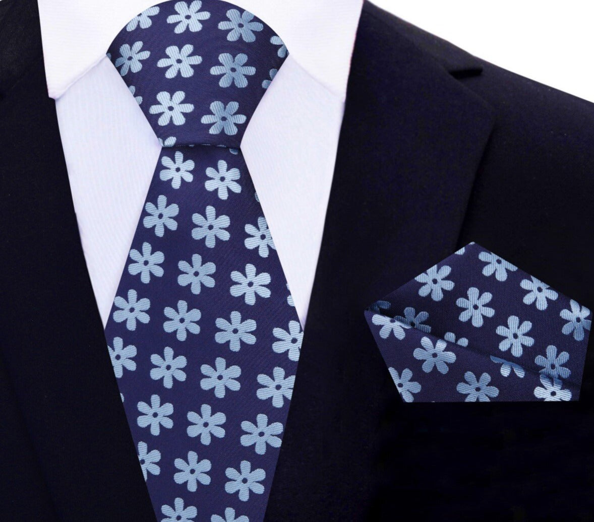 Main View: Light Blue Daisies Tie and Pocket Square