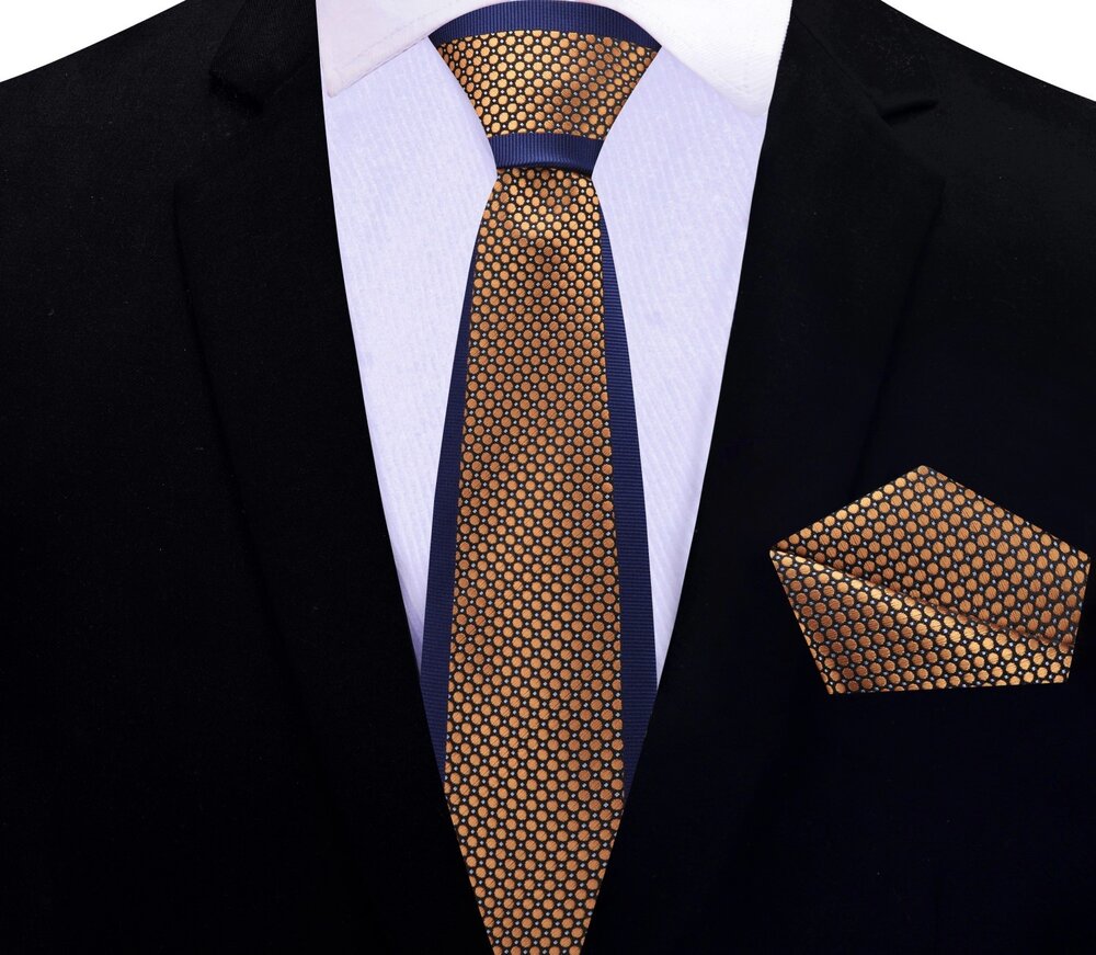 Thin Tie View: Deion PRIME TIME Sanders Deep Blue, Rich Copper Geometric Tie and Pocket Square||Gold, Blue