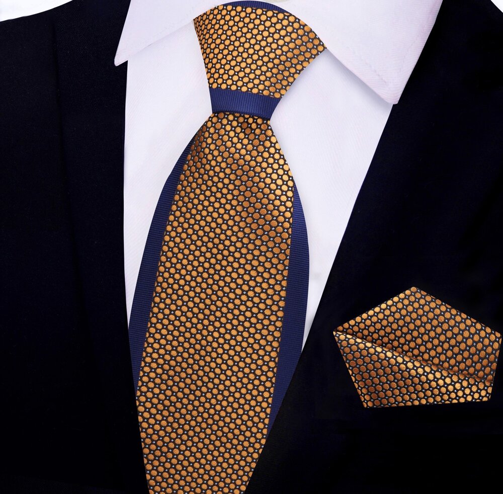 Deion PRIME TIME Sanders Deep Blue, Rich Copper Geometric Tie and Pocket Square||Gold, Blue