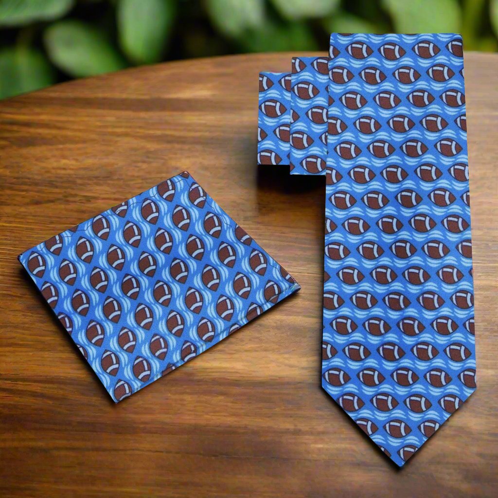 Alt View: Blue, Brown Footballs Tie and Pocket Square