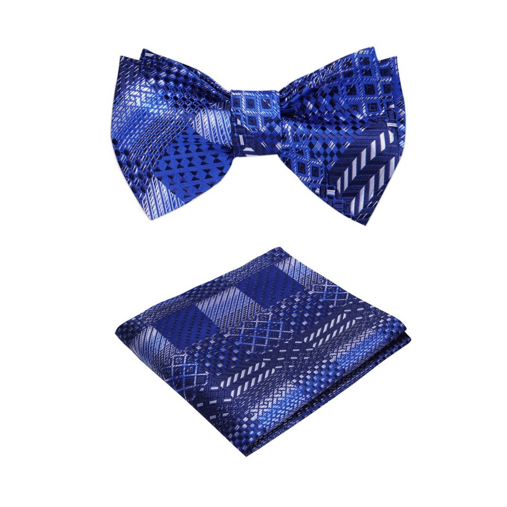 A Blue Abstract Diamond Shape Pattern Silk Self Tie Bow Tie With Matching Square||Blue