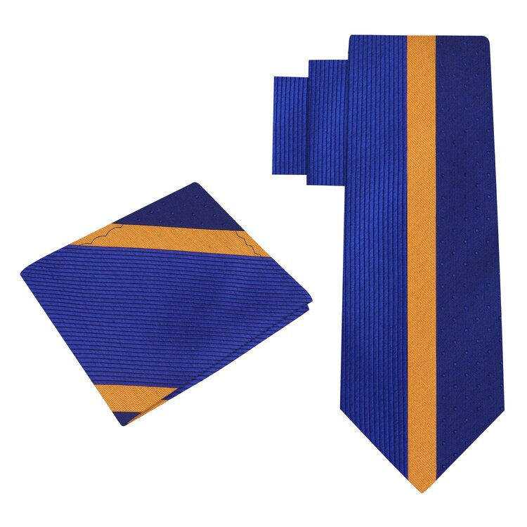 Alt View; A Dark Blue, Marigold Abstract Pattern Silk Necktie With Matching Pocket Square