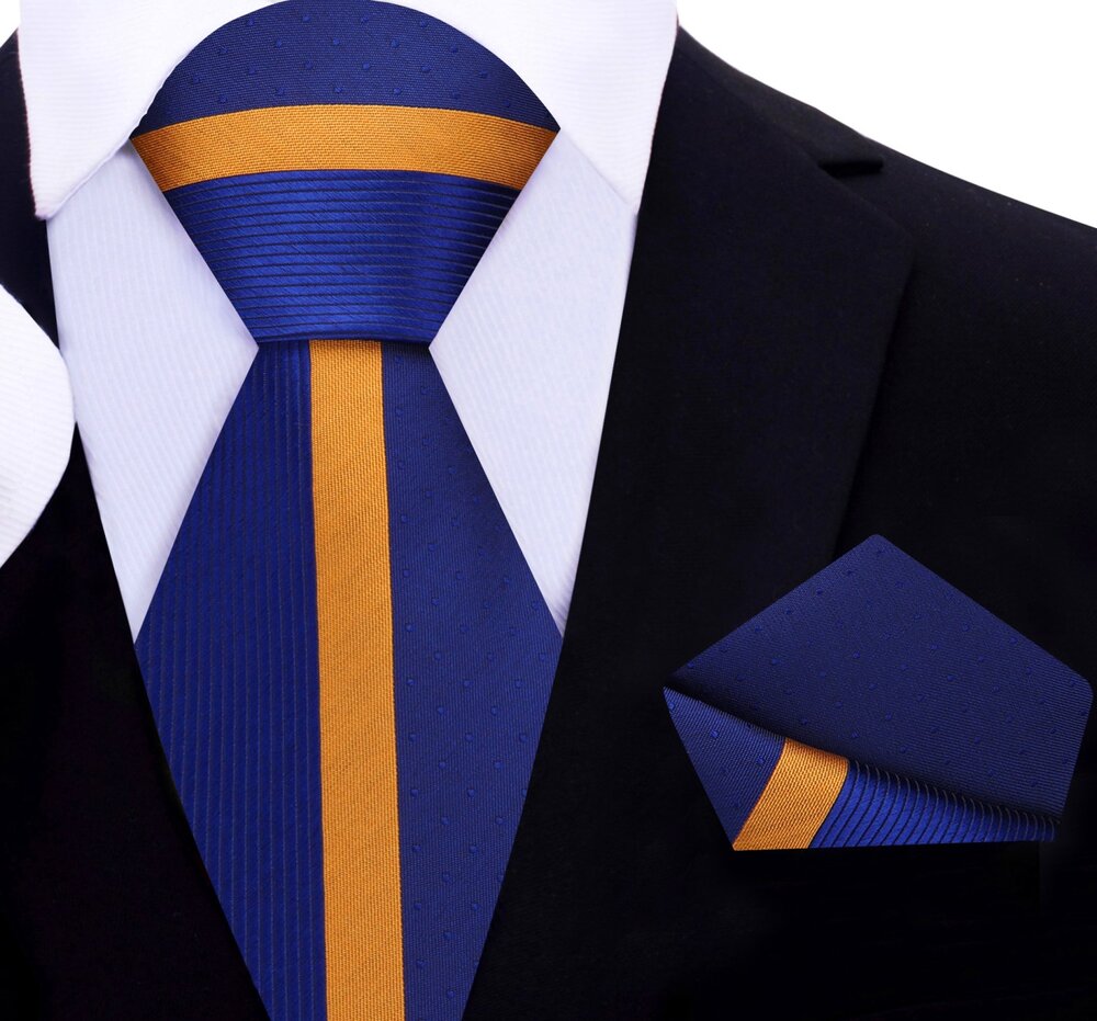 A Dark Blue, Marigold Abstract Pattern Silk Necktie With Matching Pocket Square ||Dark Blue, Marigold