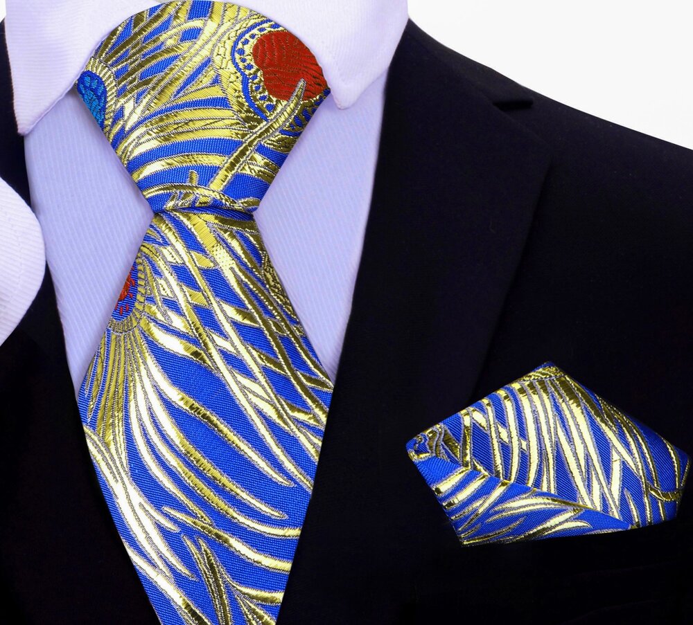 A Bright Blue With Metallic Gold, Blue, Red And Orange Color Abstract Peacock Pattern Silk Necktie, Matching Silk Pocket Square