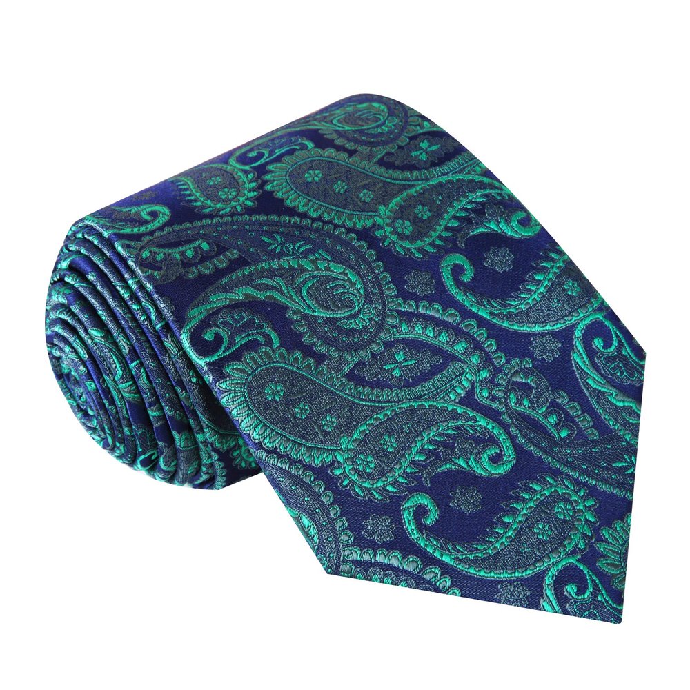 A Green, Blue Paisley Pattern Silk Necktie ||Navy Blue, Green