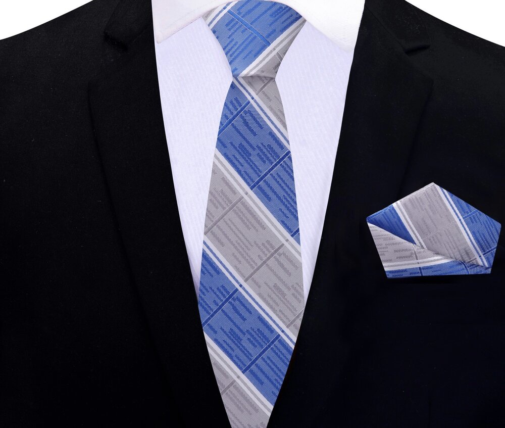 Grey Blue Stripe Thin Tie and Pocket Square||Grey, Blue