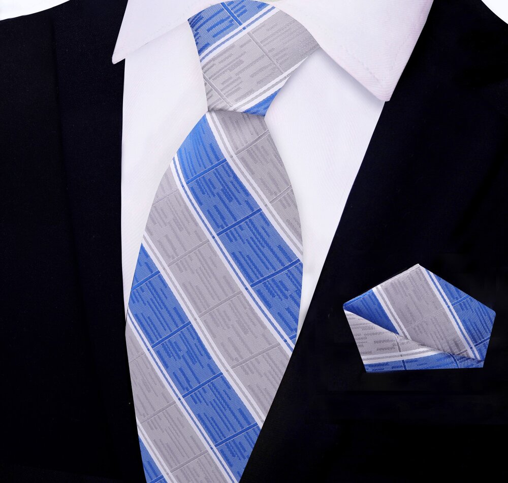 Grey, Blue Stripe Tie and Pocket Square||Grey, Blue
