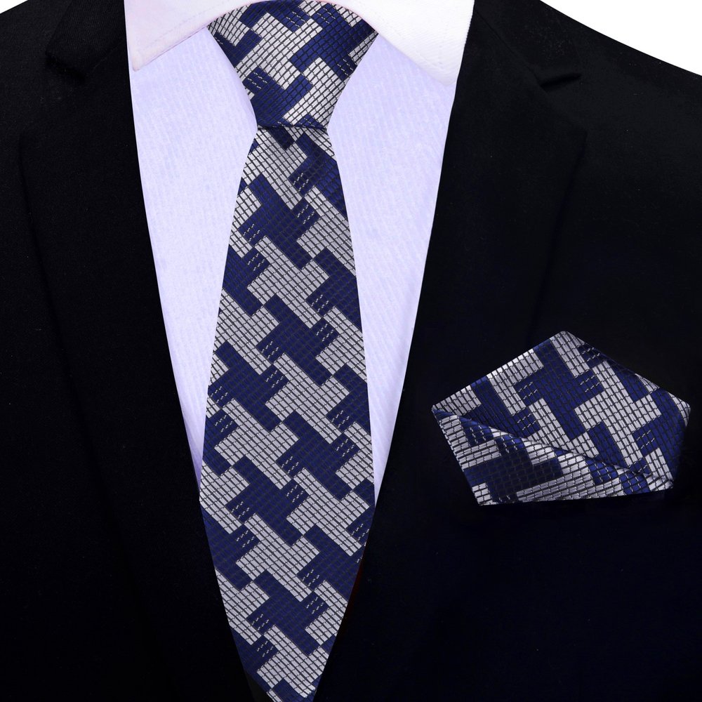 Blue, Grey Big Hounds-tooth Thin Tie and Pocket Square||Blue, Grey