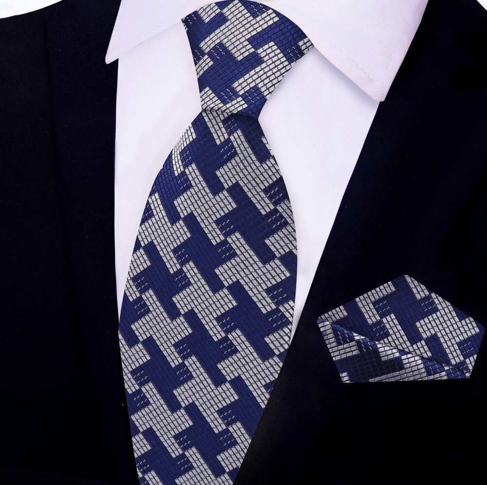 Blue, Grey Big Hounds-tooth Tie and Pocket Square||Blue, Grey