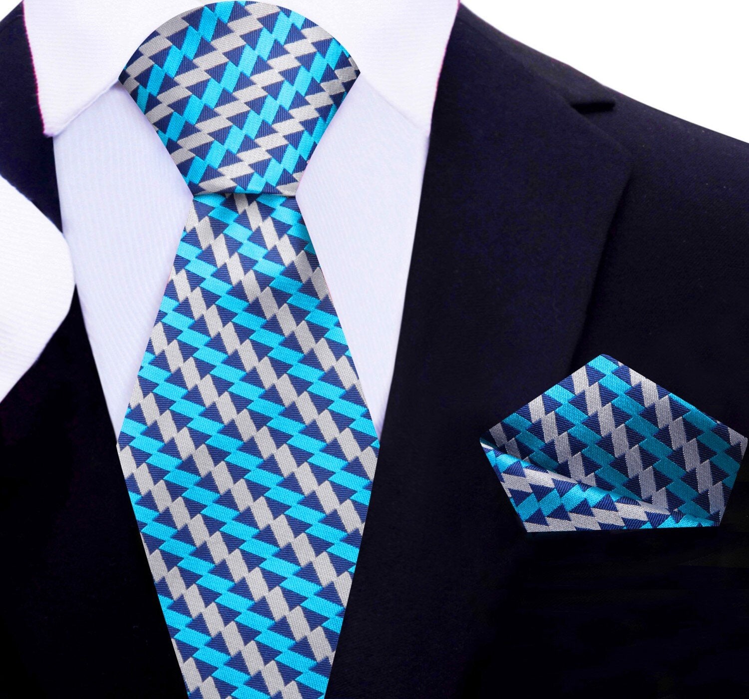 Main View: Blue, Light Blue, Grey Abstract The Peaks Tie and Pocket Square