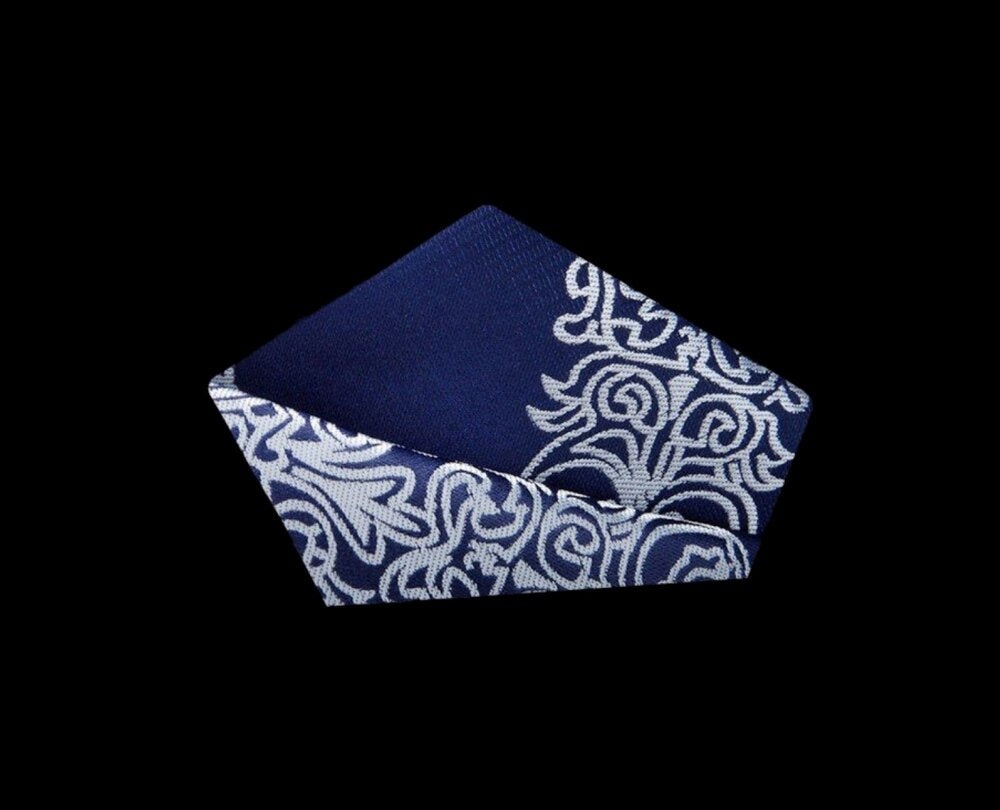 View 2 Blue, Light Grey Abstract Detailed Pattern Pocket Square
