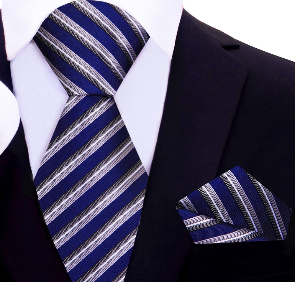 Blue, Grey Stripe Tie and Pocket Square