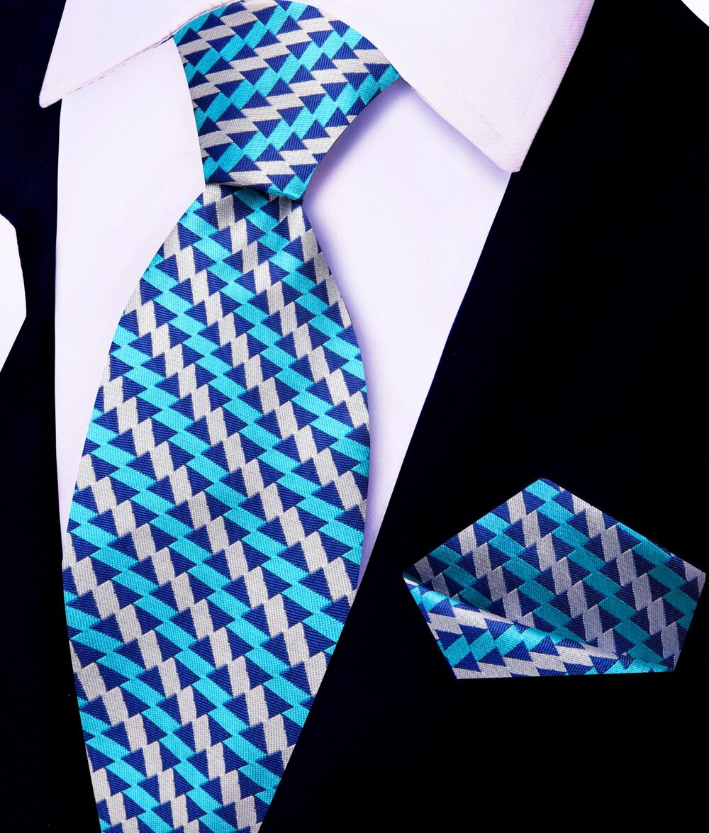 Blue, Light Blue, Grey Abstract The Peaks Tie and Pocket Square 