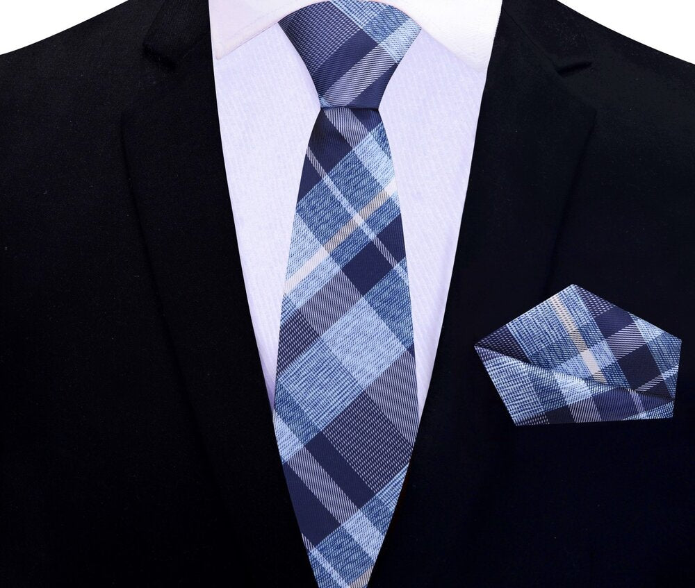 Blue, Light Blue Plaid Thin Tie and Pocket Square||Blue, Light Blue
