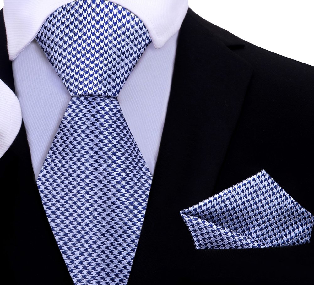 Blue/Light Silver Hounds Tooth Tie and Pocket Square