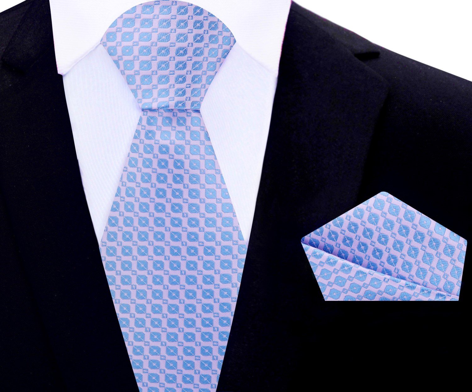 Main View: Light Blue Geometric Tie and Pocket Square
