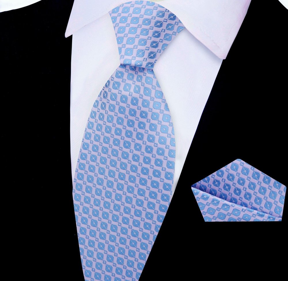 Light Blue Geometric Tie and Pocket Square||Light Blue
