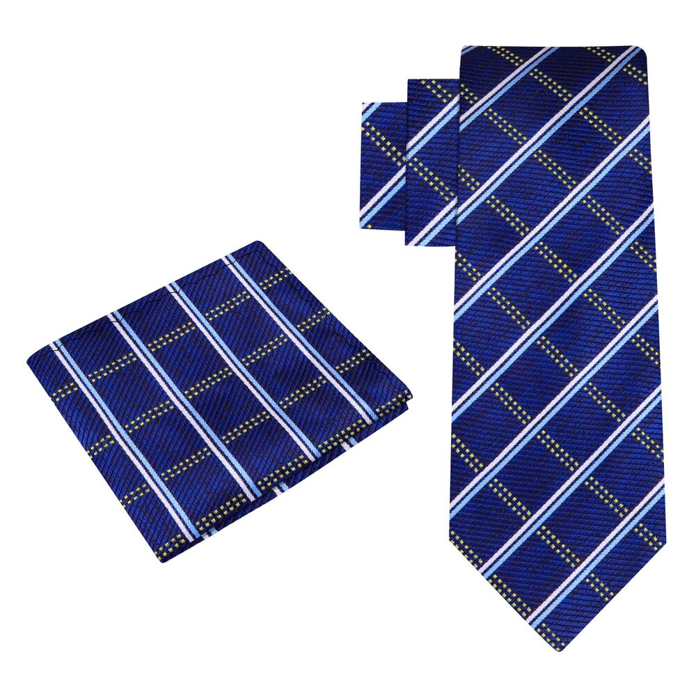 A Dark Blue With Light Blue And Yellow Plaid Pattern Silk Necktie With Solid Light Blue Pocket Square