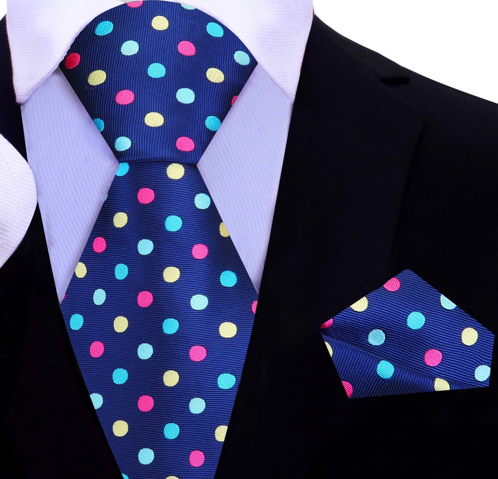 Blue with Multi Color Polka Tie and Pocket Square||Blue With Light Blue, Pink, Yellow Dots