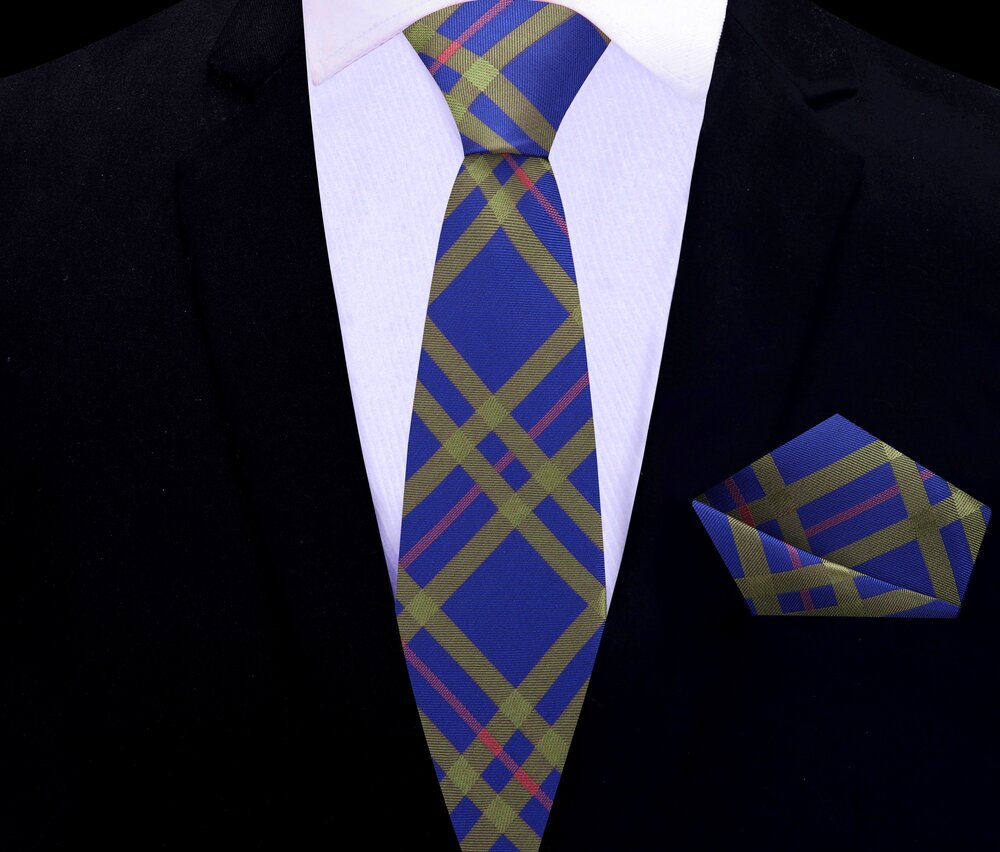Thin Tie: Cobalt Blue, Pale Olive, Pale Red Plaid Necktie and Pocket Square