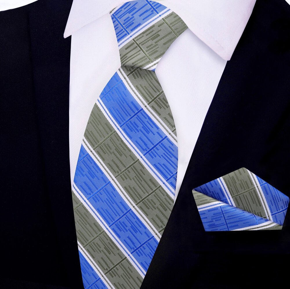 Stone Green, Blue Stripe Tie and Pocket Square